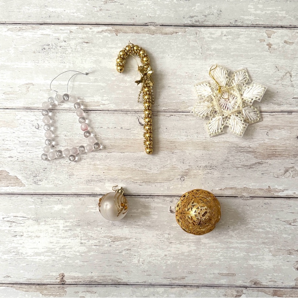 Christmas Ornament Bundle Set of 5 Gold Theme Candy Cand Bell Snowflake Holiday